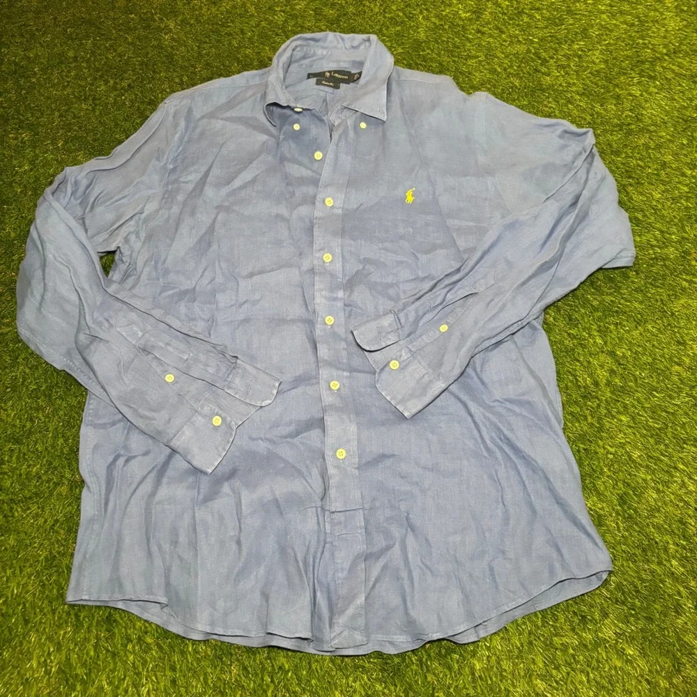 Polo Ralph Lauren Mens Blue 100% Linen Custom Fit Long Sleeve Shirt Large Logo